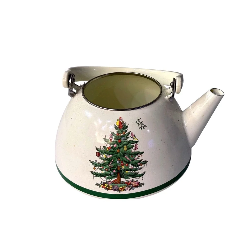 Vintage Spode Christmas Tree Enamel Teapot Kettle Cream Green Stovetop